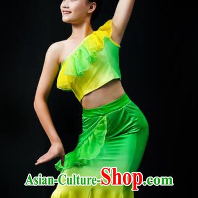 Chinese Dai Nationality Stage Performance Green Dress Outfits Tai Minority Peacock Dance Clothing Yunnan Ethnic Girl Dance Costumes