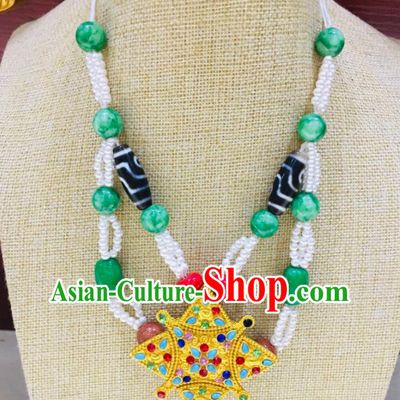 Chinese Traditional Tibetan Nationality Festival Jade Pendant Zang Minority Wedding Necklace Jewelry Folk Dance Necklet Accessories