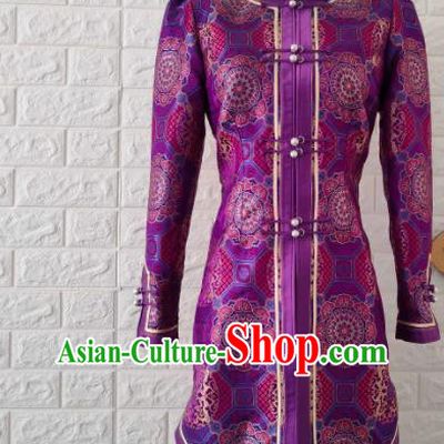 Chinese Mongol Nationality Purple Brocade Coat Ethnic Performance Jacket Mongolian Woman Outer Garment