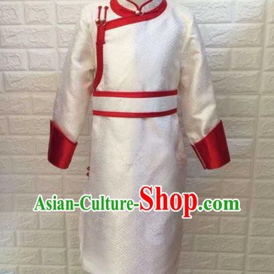 Chinese Ethnic Children Clothing Mongolian Boys Festival Garment Mongol Nationality Stage Performance White Brocade Robe