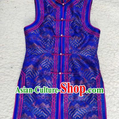 Chinese Mongol Minority Woman Garment Costume Mongolian Ethnic Clothing Traditional Royalblue Brocade Vest