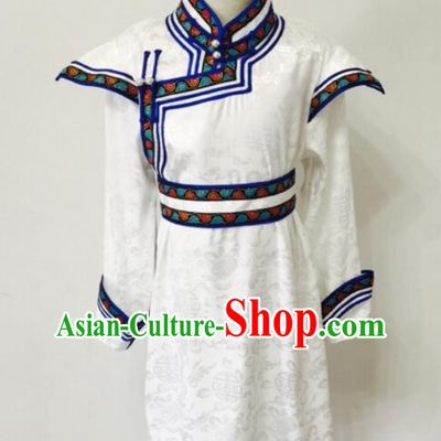 Chinese Mongolian Festival Performance Garment Mongol Nationality Boys White Brocade Robe Ethnic Children Dance Clothing