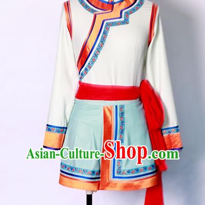 Chinese Ethnic Folk Dance Clothing Mongolian Stage Performance Garment Mongol Nationality White Dress Costume