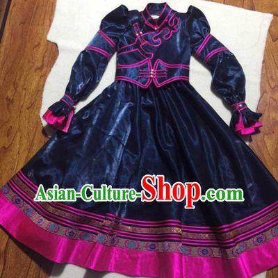 Chinese Ethnic Children Dance Clothing Mongolian Festival Dress Garment Mongol Nationality Girl Navy Brocade Robe