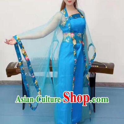 Chinese Tang Dynasty Imperial Consort Hanfu Dress Classical Dance Clothing Ancient Fairy Dance Blue Outfits Stage Performance Garment Costumes