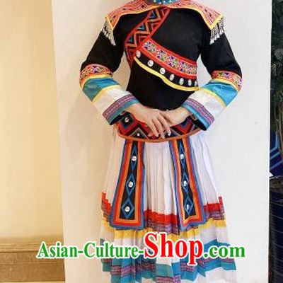 Chinese Traditional Lahu Nationality Woman Dress Outfits Guangxi Minority Garment Costumes Ethnic Folk Dance Clothing