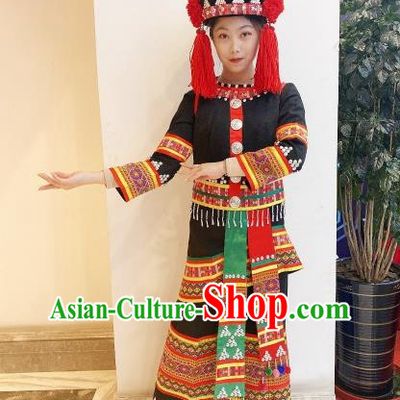 Chinese Ethnic Folk Dance Clothing Traditional Yi Nationality Black Dress Outfits Yunnan Minority Woman Garment Costumes