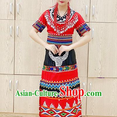 Chinese Traditional Va Nationality Performance Red Dress Outfits Wa Minority Wedding Bride Garment Costumes Xinjiang Ethnic Folk Dance Clothing