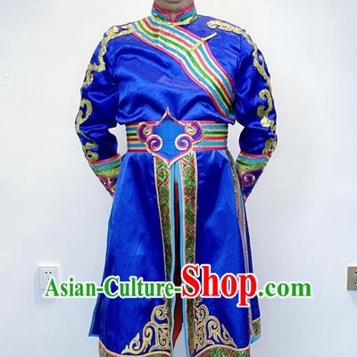 Chinese Ethnic Male Folk Dance Clothing Traditional Mongolian Nationality Performance Royalblue Outfits Mongol Minority Festival Garment Costumes