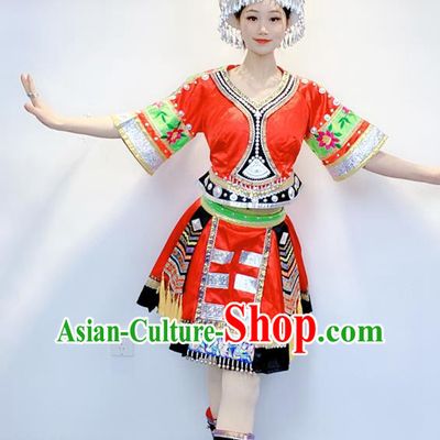 Chinese Miao Minority Festival Garment Costumes Xiangxi Ethnic Folk Dance Clothing Traditional Tujia Nationality Performance Red Dress Outfits