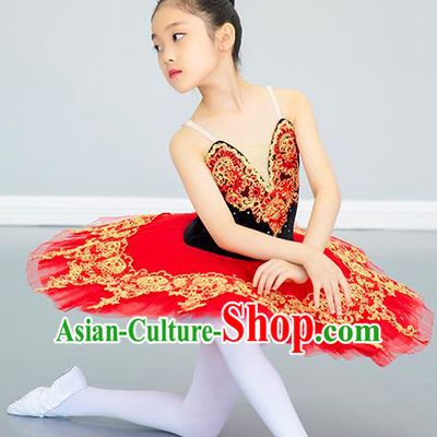 Professional Ballet Dance Garment Costume Tu Tu Dance Red Veil Dress Children Dance Competition Clothing Girl Dancewear