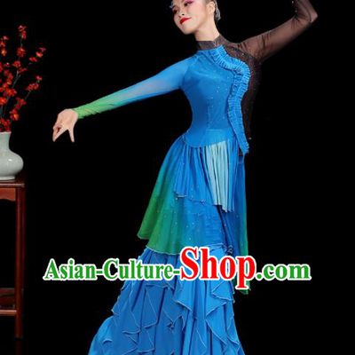 Professional China Women Group Dance Costumes Yangko Dance Garments Umbrella Dance Clothing Folk Dance Blue Outfits