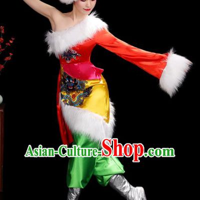 Chinese Zang Nationality Stage Performance One Shoulder Outfits Tibetan Minority Woman Dance Clothing Ethnic Folk Dance Costumes
