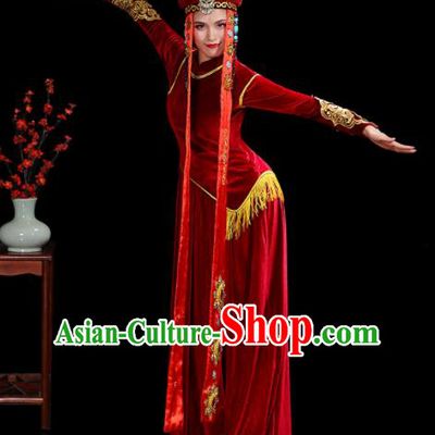 Chinese Ethnic Folk Dance Costumes Mongolian Nationality Stage Performance Red Velvet Dress Outfits Mongol Minority Woman Dance Clothing