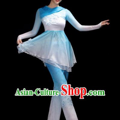 Chinese Folk Dance Costumes Traditional Yangko Dance Apparels Women Group Performance Clothing Fan Dance Blue Dress Outfits