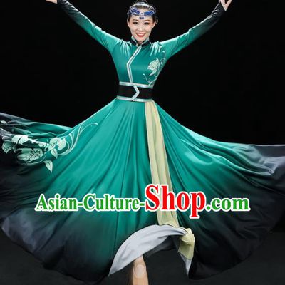 Chinese Mongol Nationality Dance Green Dress Outfits Mongolian Minority Folk Dance Clothing Ethnic Festival Performance Costumes