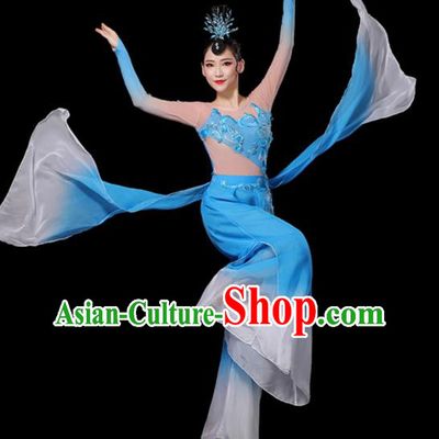 Chinese New Year Drum Dance Costumes Yangko Performance Apparels Folk Dance Clothing Traditional Fan Dance Blue Outfits
