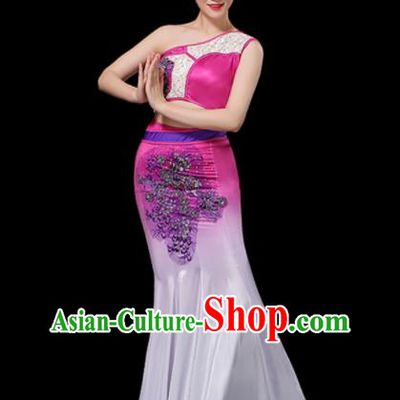Chinese Tai Nationality Stage Performance Rosy Dress Outfits Dai Minority Peacock Dance Clothing Yunnan Ethnic Female Dance Costumes