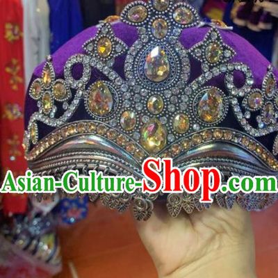 China Uighur Nationality Folk Dance Headwear Uyghur Minority Dance Headdress Xinjiang Ethnic Performance Purple Hat