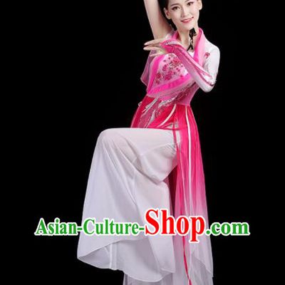 China Woman Dancewear Classical Dance Clothing Umbrella Dance Garment Costumes Fan Dance Rosy Dress Jasmine Flower Performance Outfits