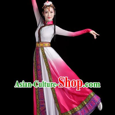 Chinese Xizang Ethnic Festival Costumes Zang Nationality Stage Performance Pink Dress Outfits Tibetan Minority Female Dance Clothing