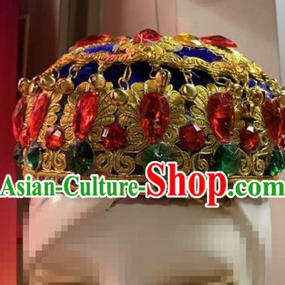 China Uyghur Minority Performance Headdress Xinjiang Ethnic Woman Folk Dance Royalblue Hat Uighur Nationality Dance Headwear