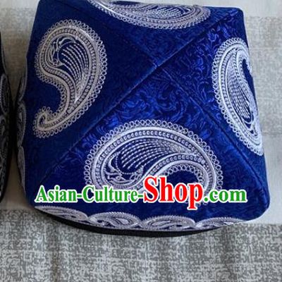 Chinese Xinjiang Minority Performance Headdress Ethnic Male Royalblue Hat Uyghur Nationality Dance Embroidered Headwear