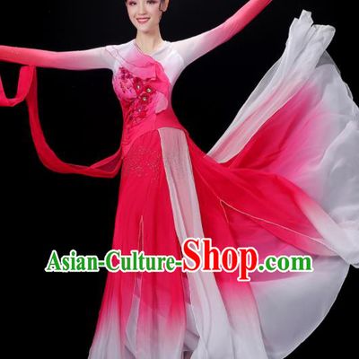 China Palace Fan Dance Rosy Dress Outfits Woman Jasmine Flower Dancewear Classical Dance Clothing Umbrella Dance Garment Costumes
