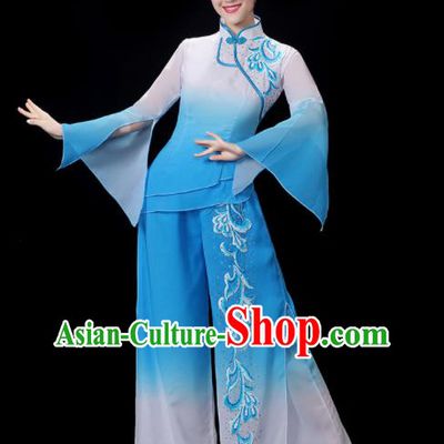 Chinese Women Group Dance Clothing Traditional Fan Dance Blue Outfits Folk Dance Costumes Yangko Dance Performance Apparels