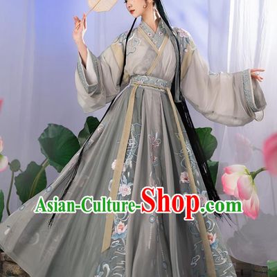 China Jin Dynasty Palace Beauty Historical Clothing Ancient Royal Princess Garment Costumes Traditional Grey Hanfu Dress