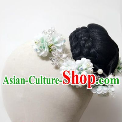 Chinese Women Jasmine Flower Dance Headdress Stage Performance Hairpieces Traditional Umbrella Dance Wigs Chignon Classical Dance Hair Accessories