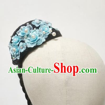Chinese Stage Performance Blue Flowers Hairpieces Traditional Umbrella Dance Wigs Chignon Classical Dance Hair Accessories Women Dance Headdress
