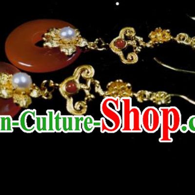 Handmade Chinese Qing Dynasty Imperial Consort Eardrop Traditional Agate Ring Ear Accessories National Pearls Earrings Cheongsam Ear Jewelry