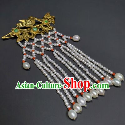 Chinese Ancient Empress Pearls Tassel Hairpin Traditional Qipao Dress Hair Accessories Handmade Qing Dynasty Queen Golden Bird Hair Stick
