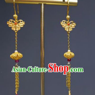 Handmade Chinese National Earrings Cheongsam Ear Jewelry Qing Dynasty Imperial Consort Eardrop Traditional Golden Lantern Ear Accessories
