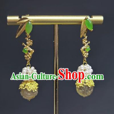 Handmade Chinese National Topaz Carving Earrings Traditional Jade Ear Jewelry Qing Dynasty Pearls Eardrop Cheongsam Ear Accessories