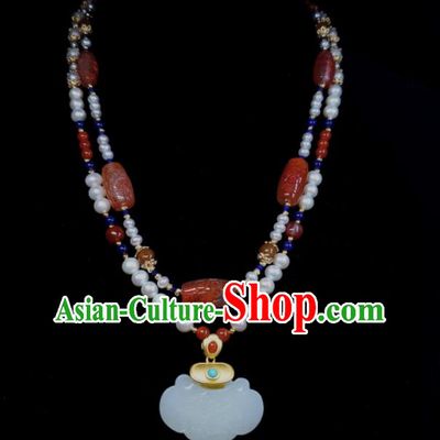 China Handmade Jade Longevity Lock Jewelry Ancient Imperial Consort Necklace Accessories Qing Dynasty Agate Necklet