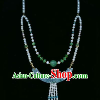 China Ancient Imperial Consort Necklace Accessories Qing Dynasty Pearls Tassel Necklet Handmade Jade Jewelry