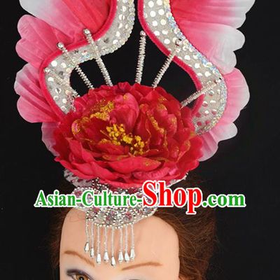 China Opening Dance Red Peony Hair Crown Women Group Dance Hat Flower Dance Hair Accessories Modern Dance Headpiece