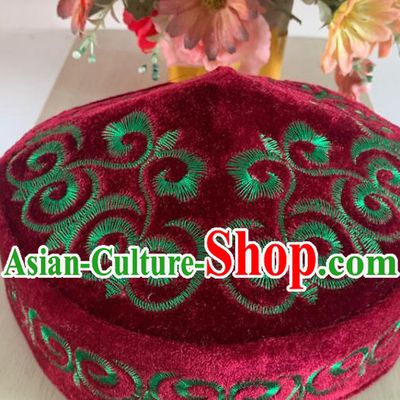 Chinese Kazak Nationality Embroidered Wine Red Pleuche Hat Xinjiang Minority Folk Dance Headdress Ethnic Male Performance Headwear