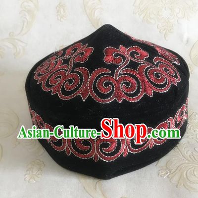 Chinese Kazak Nationality Embroidered Black Pleuche Hat Kazakh Minority Male Headdress Xinjiang Ethnic Folk Dance Headwear