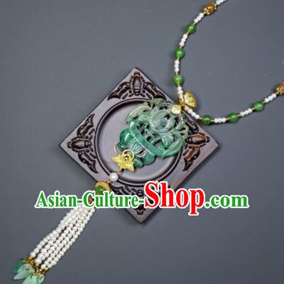 China Ancient Imperial Consort Necklace Accessories Qing Dynasty Empress Pearls Tassel Necklet Handmade Jadeite Carving Flower Basket Jewelry