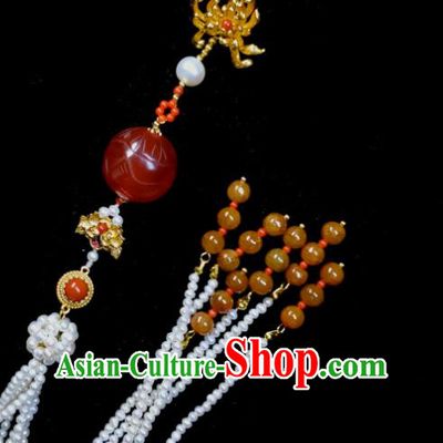 Chinese Ancient Empress Beads Tassel Brooch Traditional Agate Butterfly Pendant Qing Dynasty Court Woman Pearls Jewelry