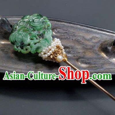 Chinese Traditional Qipao Dress Hair Accessories Handmade Qing Dynasty Court Woman Jade Butterfly Hair Stick Ancient Imperial Consort Pearls Hairpin