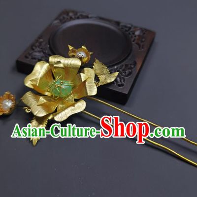 Chinese Ancient Imperial Consort Golden Peony Hairpin Traditional Qipao Dress Hair Accessories Handmade Qing Dynasty Court Woman Hair Stick