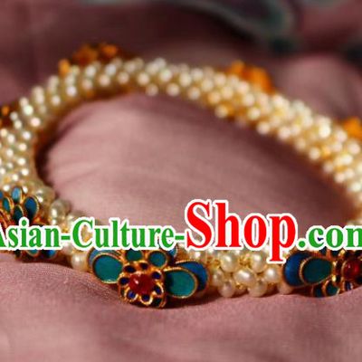 China Traditional Wristlet Accessories Handmade Qing Dynasty Empress Pearls Bangle Jewelry Ancient Imperial Consort Blueing Bracelet