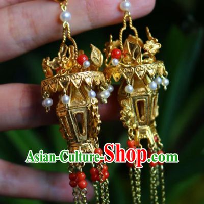 Handmade Chinese National Golden Lantern Earrings Cheongsam Ear Jewelry Qing Dynasty Court Eardrop Traditional Silver Ear Accessories