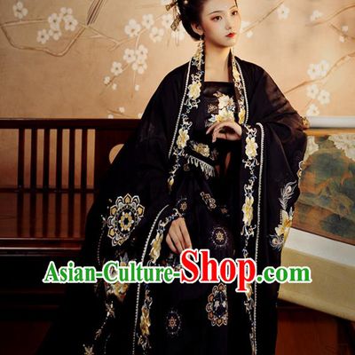 China Ancient Empress Garment Costumes Traditional Embroidery Black Hanfu Dress Tang Dynasty Court Countess Historical Clothing