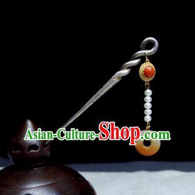 Chinese Traditional Silver Hair Accessories Handmade Qing Dynasty Imperial Consort Hair Stick Ancient Empress Agate Tassel Hairpin