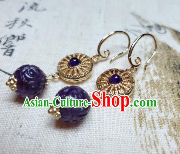 Handmade Chinese Traditional Amethyst Eardrop Cheongsam Ear Jewelry Ear Accessories National Golden Earrings Handmade Chinese Traditional Amethyst Eardrop Cheongsam Ear Jewelry Ear Accessories National Golden Earrings